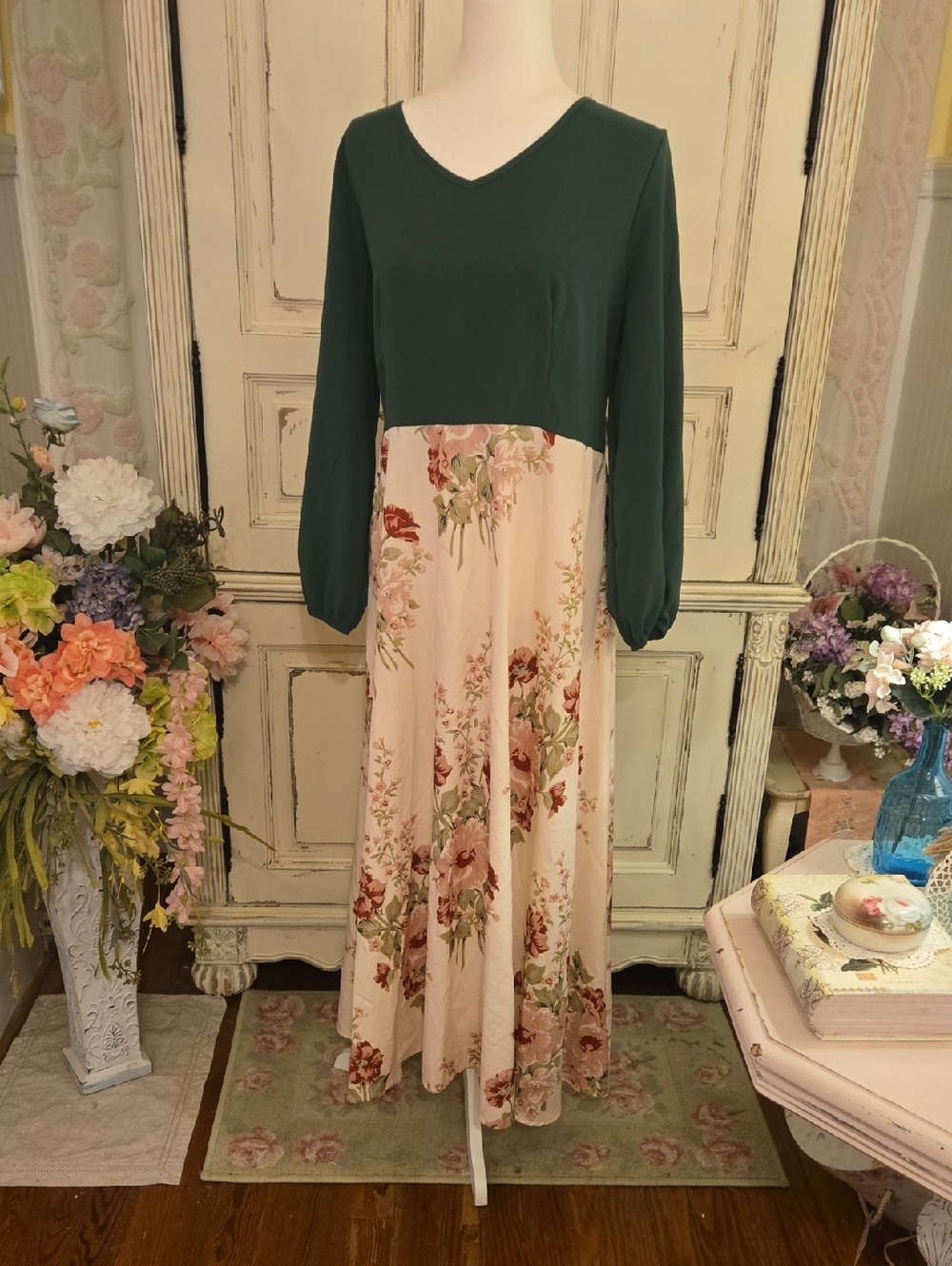 Green High Waisted Floral Cream Dress
